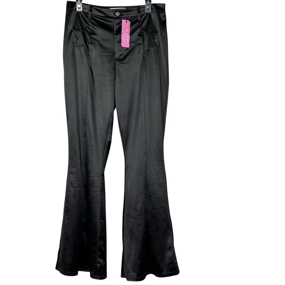 NWT Southern Fried Chics Flare Leg Pants Satin Star Patch Western Goth Black XL